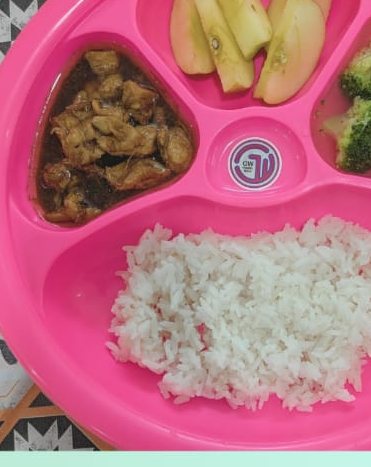 A child's divided plate with rice, braised chicken, broccoli and apple slices