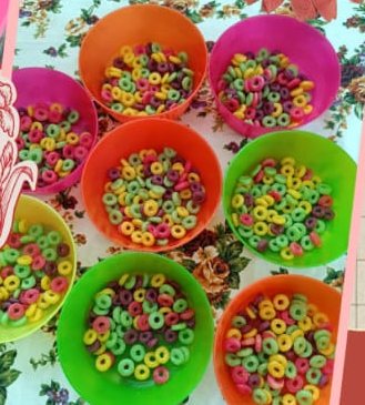 Colourful cereal served in bright bowls at snack time