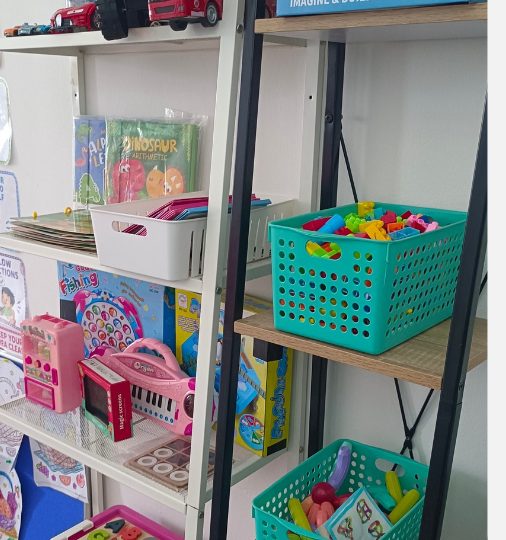 Kindy classroom shelving with sorting toys, blocks and activity boxes